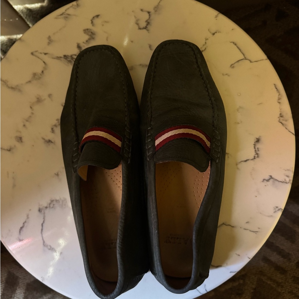 Bally Men's Dark Green Loafers with Red and White Stripe